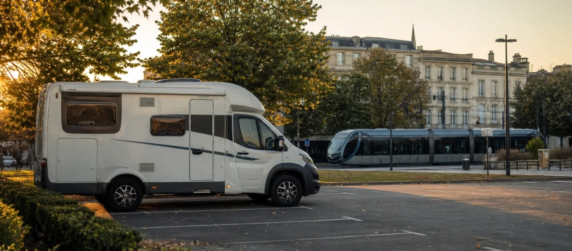 Camper en un aparcamiento disuasorio del área metropolitana de Burdeos