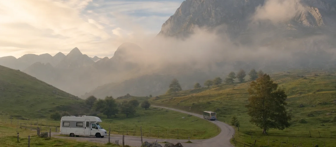 Autocaravana en el acceso inferior a los Lagos de Covadonga con los Picos de Europa al fondo