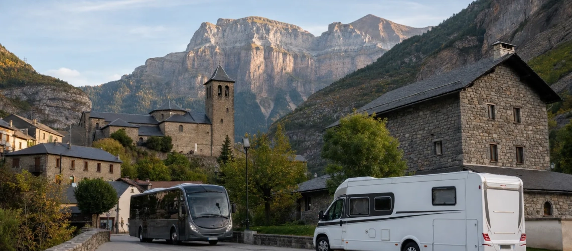 Autocaravana estacionada en Torla junto al transporte de acceso a Ordesa