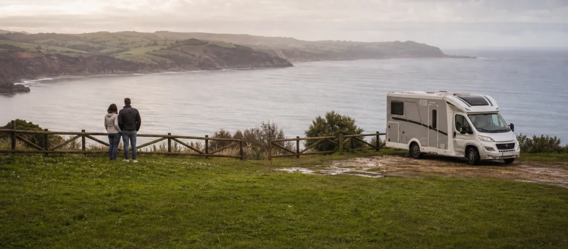 Pareja y camper contemplando la bahía durante una ruta por Santander y Cabárceno