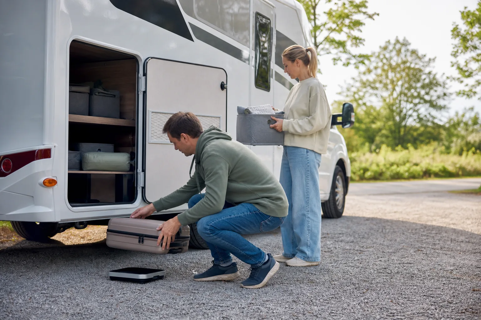 Viajeros pesando y distribuyendo el equipaje de una autocaravana