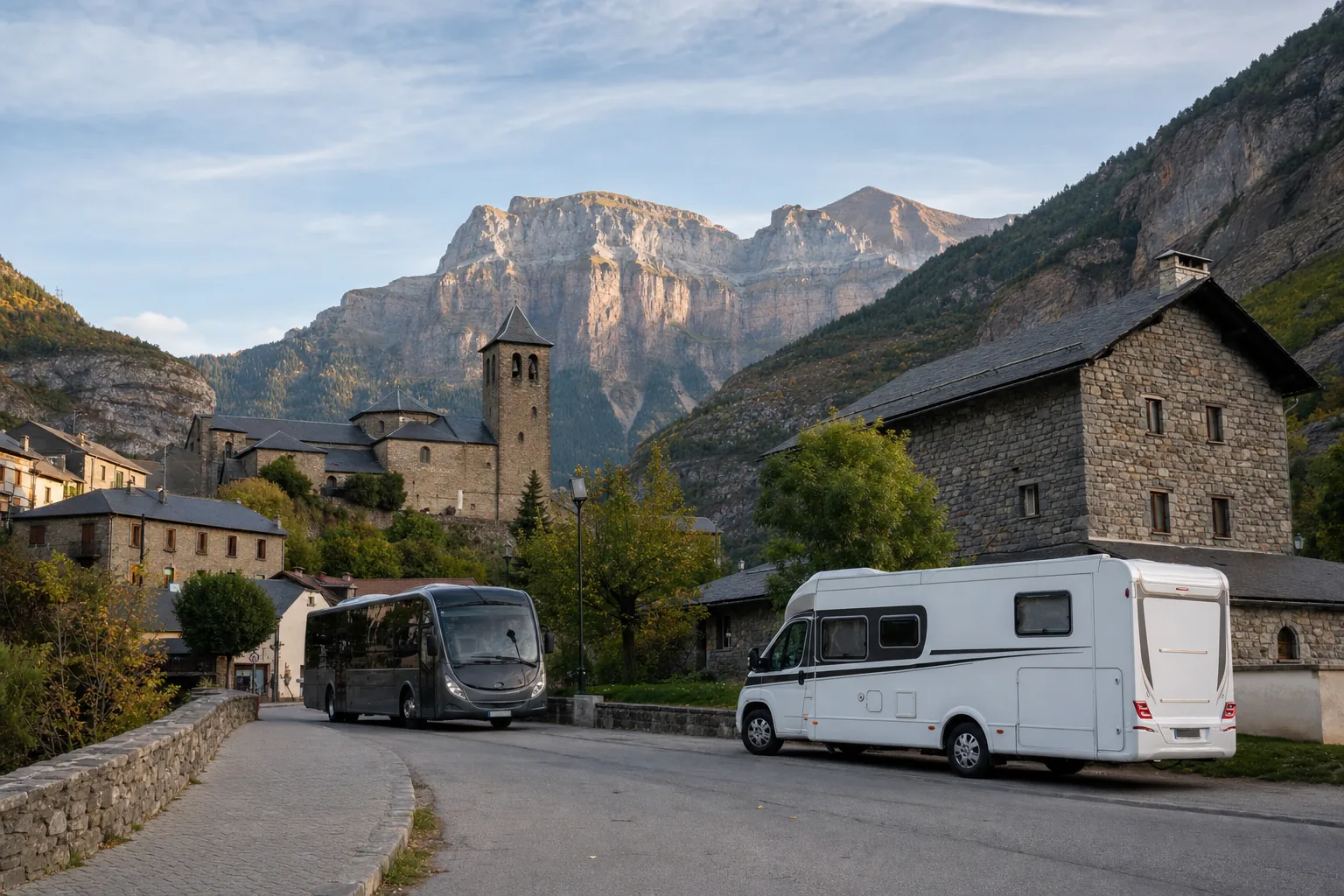 Autocaravana estacionada en Torla junto al transporte de acceso a Ordesa