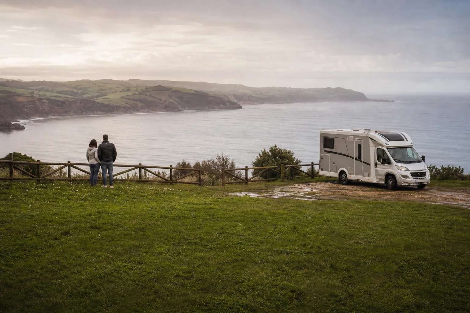 Pareja y camper contemplando la bahía durante una ruta por Santander y Cabárceno
